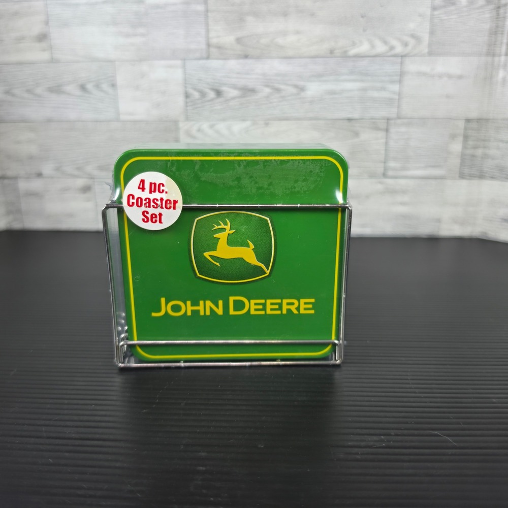 John Deere 4pc Coaster Set Tin with Cork Backing and Metal Holder 866407 SEALED